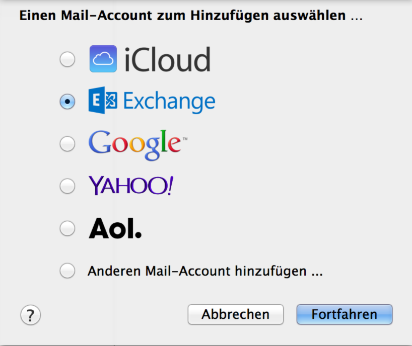 Gehen Sie über die Taskleiste auf Mail Account hinzufügen 4. Exchange auswählen (siehe Abbildung unten) 5.