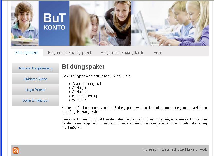 1. Registrierung als Leistungsanbieter Sie finden Ihr BuT-Konto auf der Internetseite www.but-konto.de. Dort können Sie sich direkt neu registrieren. Bitte klicken Sie dazu auf Anbieter Registrierung.