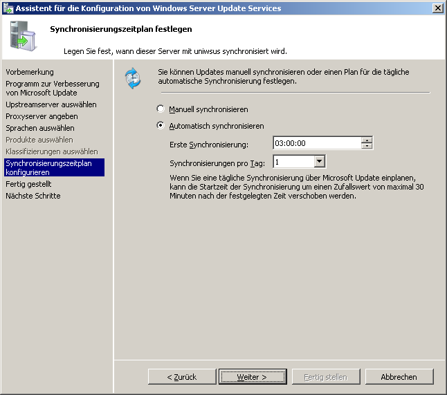 8 Windows Server Update Services 3.0 5. Verbindung mit dem UNI WSUS Server herstellen 6. 7. Klicken Sie auf «Verbindung starten» um benötigte Informationen vom UNI WSUS Server abzurufen.