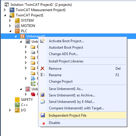 Integration des Source-Control Management Objekte die als Independent Project File gespeichert sind, werden mithilfe einer kleinen Diskette als Overlay Icon im TwinCAT-Baum markiert.