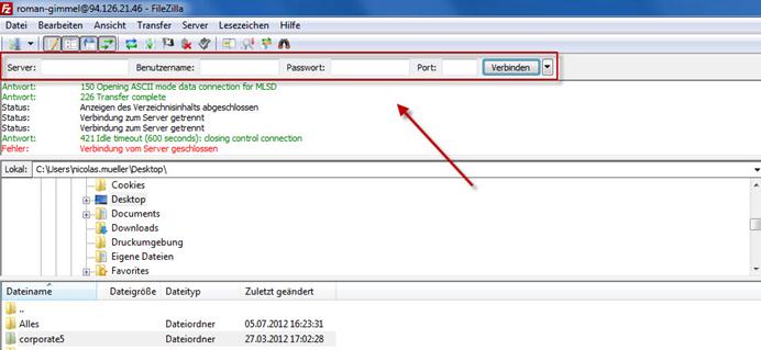 Software-Installation Im Programm «Filezilla» mit den FTP- Zugangsdaten (Benutzername, Passwort und Hostname) welche Sie von Ihrem Webhoster