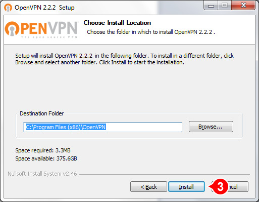 Merken Sie sich den Ordner in dem OpenVPN installiert wird und starten Sie