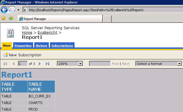 4.4. ADO.NET Data Provider Im Projektmappen-Explorer fügen Sie einen neuen Bericht mit dem Assistenten hinzu. Beim Auswahl der Datenquelle wählen Sie eine ExaDataSource, die zuvor konfiguriert wurde.