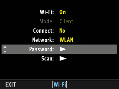 characters 1 including the current WLAN-VERBINDUNG (nur H5D-50c mit WLAN-Funktion) FORTSETZUNG WIFI > WIFI ON > PASSWORD Bei einem passwortgeschützen Netzwerk mit WPA- oder WPA2-Verschlüsselung muss