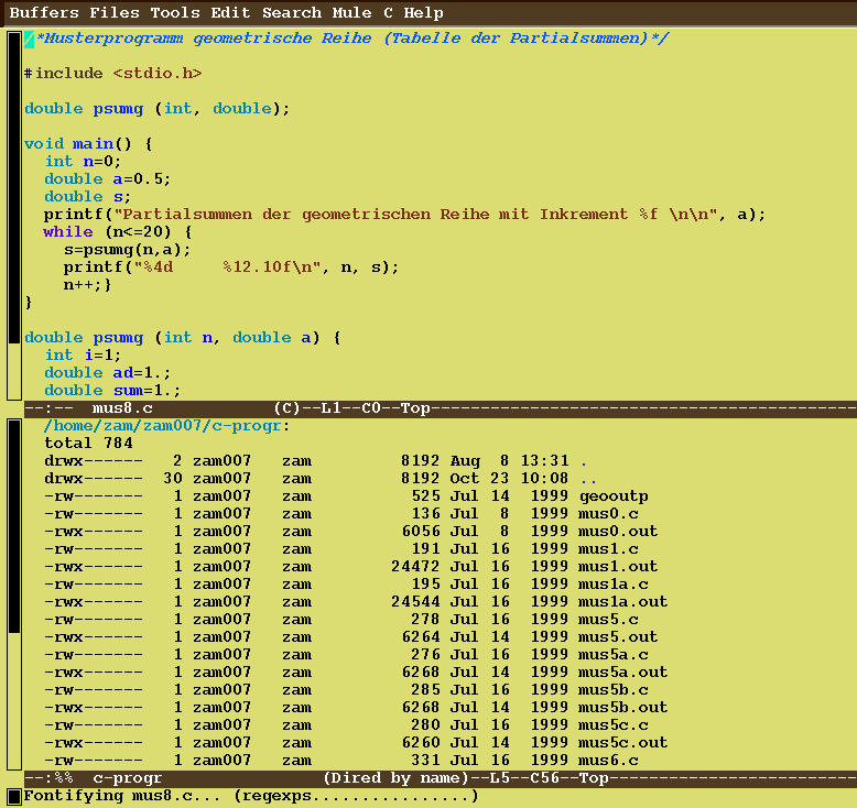 Abbildung 1: Emacs-Session: Dired im unteren und C Edit-Mode im oberen Teil des Fensters Für das Verständnis von Emacs ist es wichtig, die Bedeutung mehrerer Begriffe zu kennen: Buffer: Mit Buffer