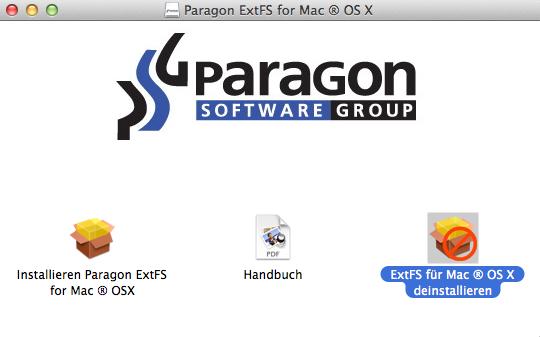 Nachdem die DMG-Datei geöffnet wurde, klicken Sie bitte auf ExtFS für Mac OS X deinstallieren, um die Deinstallationsroutine zu starten. 3.