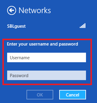 Windows 8 (Windows RT) Windows 8 (Windows RT) Klicken Sie auf das Settings-Icon in der Task-Leiste und wählen Sie das Netzwerk SBLguest aus. Geben Sie danach Ihren SBL-Account (z.b. ET10337 o.ä.) samt passendem Passwort ein.