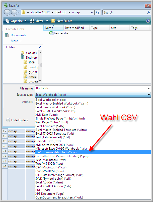 Man wähle das CSV und speichere die Datei als "compass-scan1.csv" ab.