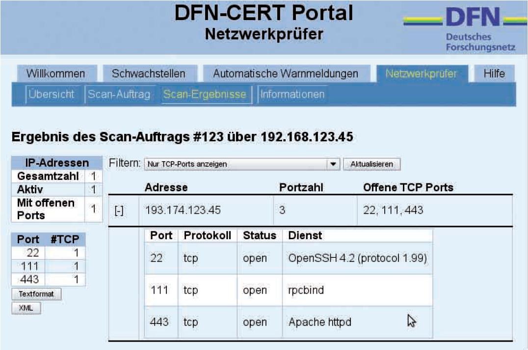 DFN-CERT Netzwerkprüfer Eigenes Netz kann von außen gescannt werden Scanintervall: Alle 28
