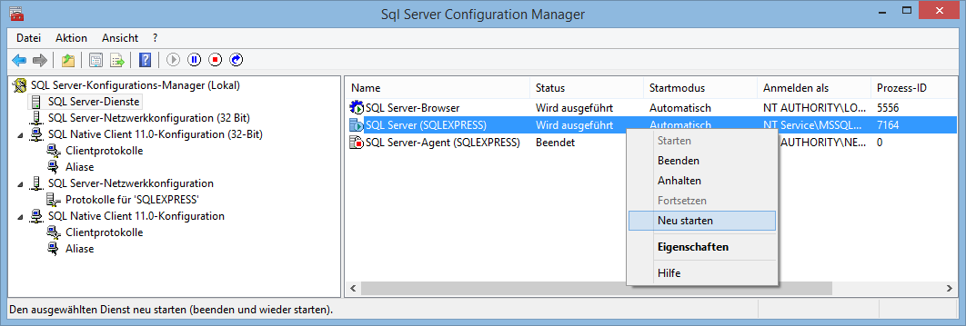 SQL Server-Dienste selektieren Dienst SQL Server (SQLEXPRESS) markieren Mit rechter Maustaste Kontextmenü öffnen und Neu