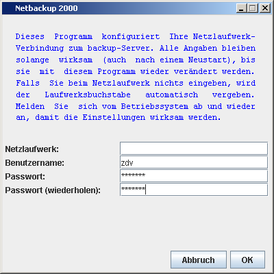 3. Konfiguration der Software Netbackup2000 Tragen Sie bitte in die Felder Benutzername und Passwort (und Passwort (wiederholen)) die Daten Ihrer hausinternen POP3 Mail-Zugangskennung ein.