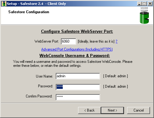 Konfigurieren der Webconsole Geben Sie den gewünschten Usernamen und das gewünschte Passwort für den Zugriff auf die Webconsole Ihres Backupclients.