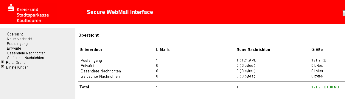 Funktionen des Webmailers Der Webmailer der Sparkasse Kaufbeuren ist ähnlich aufgebaut und zu bedienen wie ein Web-Postfach im Internet (z.b. WEB.DE, GMX).