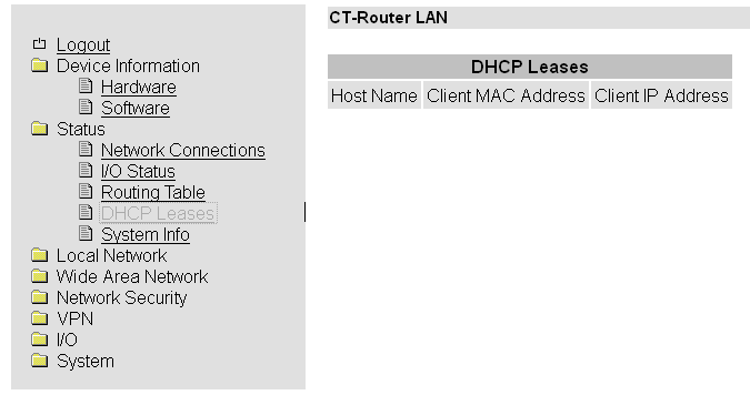Status DHCP Leases Status >>DHCP Leases Tabellarische Übersicht aller vom CT-Router HSPA vergebenen DHCP-Daten.