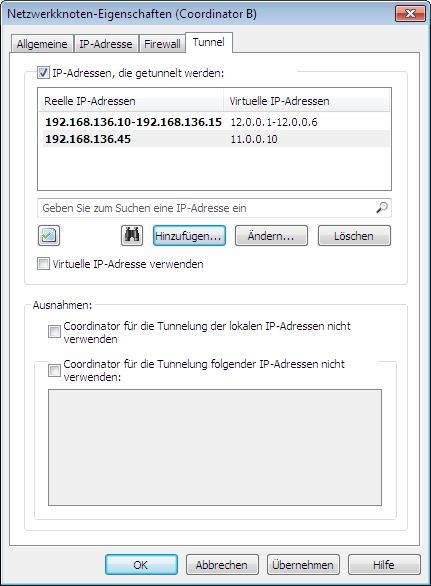 Deaktivieren Sie auf der Registerkarte Tunnel in Gruppe Ausnahmen das Kntrllkästchen Crdinatr für die Tunnelung der lkalen IP-Adressen nicht verwenden (standardmäßig aktiviert). Abbildung 4.