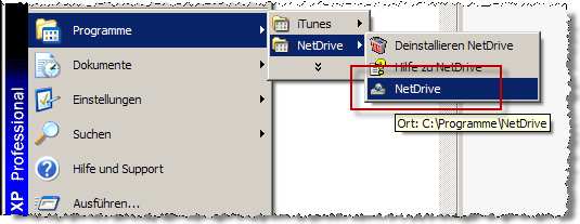 NetDrive: Grundeinstellung Sie finden das installierte Programm im Windows- Startmenü unter Programme. Öffnen Sie das Programm.