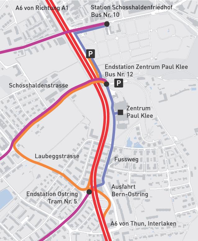 12 (Richtung Zentrum Paul Klee) Die Fahrzeit vom Bahnhof bis zur Endstation beträgt 10 Minuten.