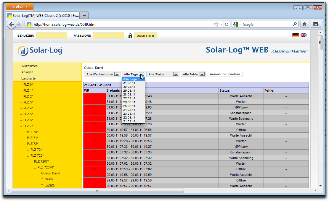 Solar-Log WEB benutzen Die komplette Liste aller Systemereignisse wird angezeigt.