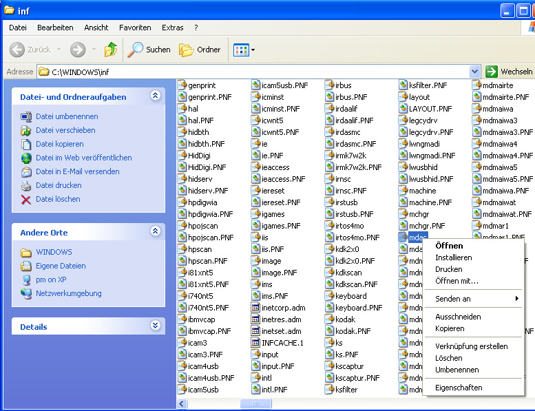 6 MDAC (Nur Windows XP) Bild: Ausführen Fenster => Öffnet das Fenster indem das MDAC.inf liegt -> Im Ordner C:\windows\inf können Sie die mdac.inf Datei finden.