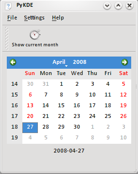 Dazu benötigen Sie PyQt4 aus Ihrer Distribution. Generieren Sie zuerst das Pythonmodul aus Ihrer Designerdatei meinkalender.ui durch die Eingabe von pyuic4 -o meinkalender.py meinkalender.