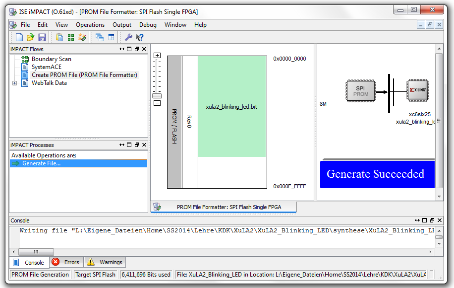 Synthese: Erstellen einer Programmierdatei für das SPI-Flash (2) Die Datei "XuLA2_Blinking_LED.