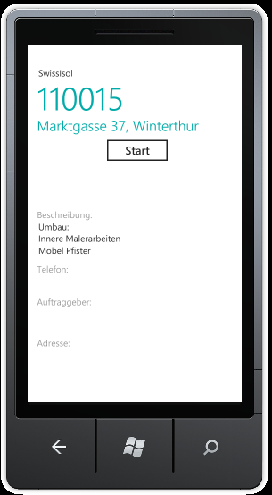 Modul Mobile SwissIsolMobile - mobiler Tagesrapport zu Projekt Erfassen der Stunden und Spesen direkt durch den Mitarbeiter auf einem Smartphone (Windows Phone).