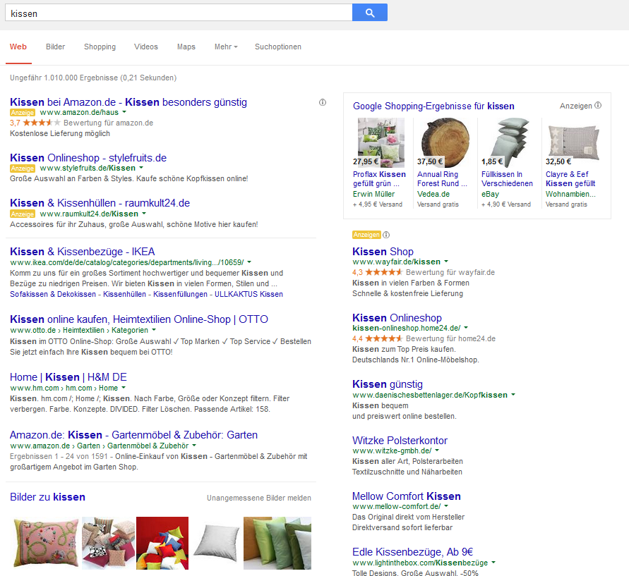 Recherchen als Grundlagen zur Entscheidungsfindung Grundlagen Aufbau der Suchergebnisseite von Google Adwords-Anzeigen Google Shopping-Anzeigen (Preissuchmaschine) Organische Ergebnisse Bilder
