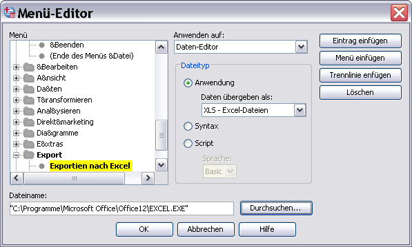 796i Abb. 32.17. Dialogbox Menü-Editor > Klicken Sie auf die Schaltfläche Menü einfügen. Es erscheint der Eintrag Neues Menü. Überschreiben Sie diesen mit dem gewünschten Namen (hier: Export ).