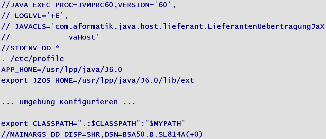 der Batch Job wurde mit einem Java Step erweitert (JZOS). ein neues Java Programm wurde geschrieben, das die Java-Applikation auf AIX aufruft (dieses neue Programm läuft im JZOS Step).