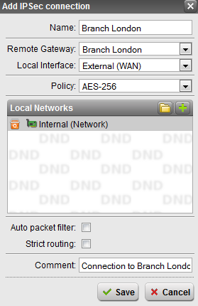 Konfiguration der IPSec Connection 3 Beschreibender Name der VPN Verbindung Auswahl der Gegenstelle bei Remote Gateway Auswahl des lokalen Interfaces auf dem die IPSec Verbindung nach außen aufgebaut