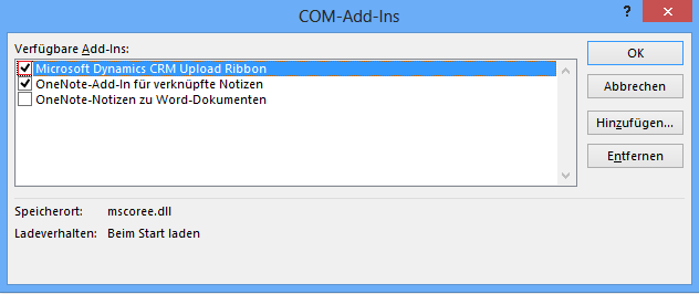 Ob das Add-In Microsoft Dynamics CRM Upload Ribbon aktiviert ist.