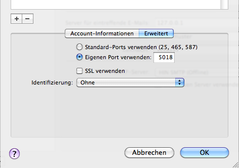 3. Schritt 3. Schritt: Zwingende Anpassung E-Mail Konfiguration für Apple Mail (Fortsetzung) Wählen Sie im Register «Erweitert» den Punkt «Eigenen Port verwenden:» und geben Sie 5018 ein.