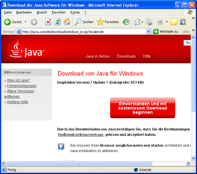 Java neu installieren über das Internet Falls Sie kein Java installiert haben, startet Glucofacts Ihren Webbrowser automatisch.