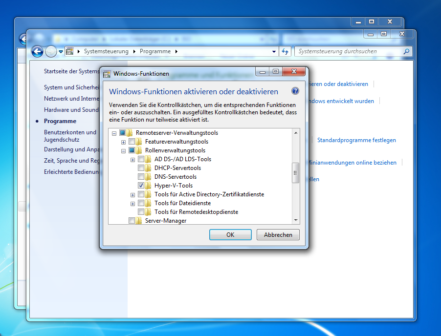 Installation des Hyper-V-Managers II Unter Systemsteuerung - Programme - Windowsfunktionen hinzufügen wäht man unter