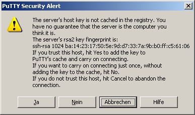 Bei der erstmaligen Verbindung wird eine Warnung ausgegeben. Der angeführte fingerprint muss mit dem Hostkey im Screenshot übereinstimmen.