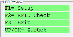 TRM Setup Konfigurationsmenü zum Einstellen wichtiger Grundparameter und für Lesetests der RFID Decoder. (Um z.b. die RFID Codes für neue Transponder zu ermitteln.