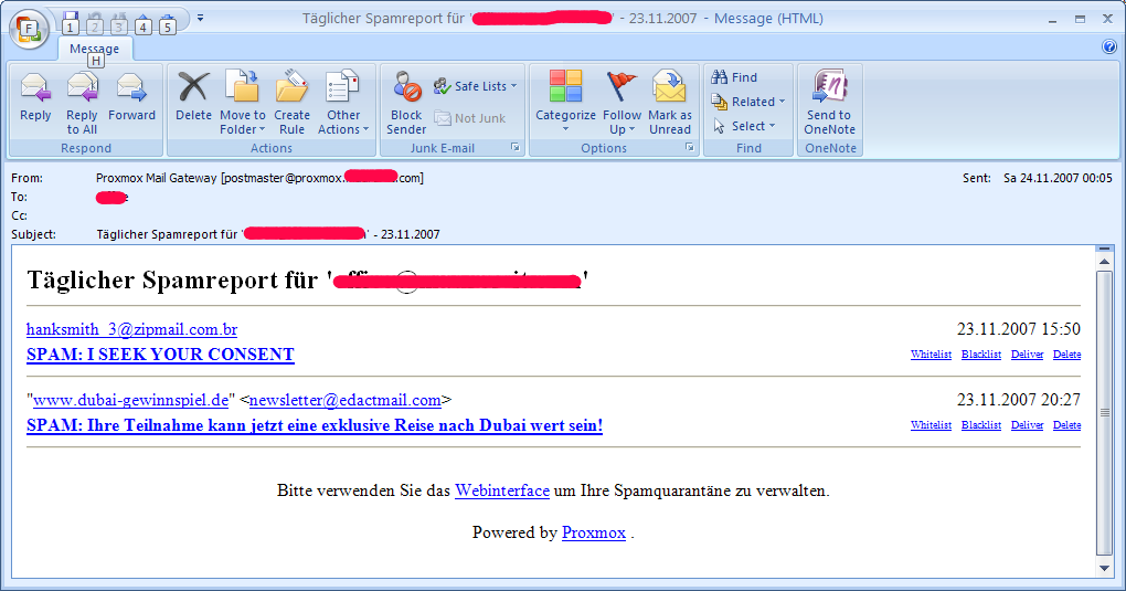 2.1 Täglicher Spamreport Diese E-Mail informiert über die empfangenen Spamnachrichten des Vortages.