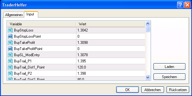 Alle Einstellungen, die mit dem Wort 'Point' enden, setzen den StopLoss oder TakeProfit in einem Abstand vom Einstiegskurs der Order, die dem eingestellten Wert in Punkten entspricht.