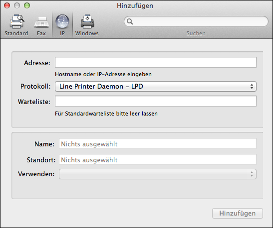 Mac OS und imagepress Server 41 1 Klicken Sie im Fenster Hinzufügen auf das Symbol IP. 2 Führen Sie einen der folgenden Schritte aus: Für LPD Wählen Sie Line Printer Daemon LPD in der Liste Protokoll.