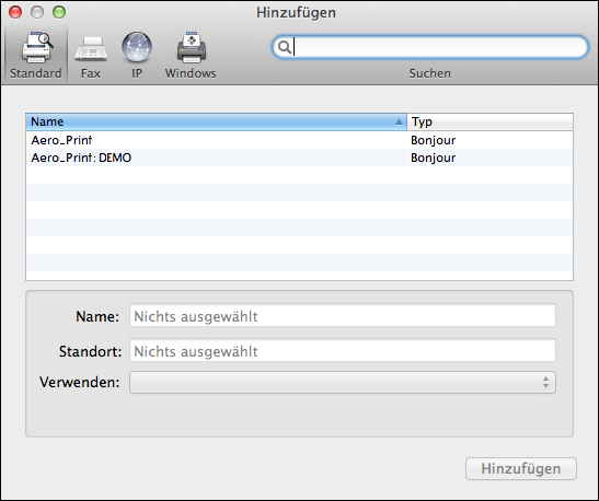 Mac OS und imagepress Server 43 1 Klicken Sie im Fenster Hinzufügen auf das Symbol Standard. Die Druckerliste enthält alle Drucker mit Standardverbindungen.
