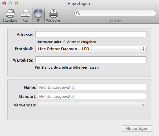 Mac OS und imagepress Server 45 1 Klicken Sie im Fenster Hinzufügen auf das Symbol IP. 2 Führen Sie einen der folgenden Schritte aus: Für LPD Wählen Sie Line Printer Daemon LPD in der Liste Protokoll.