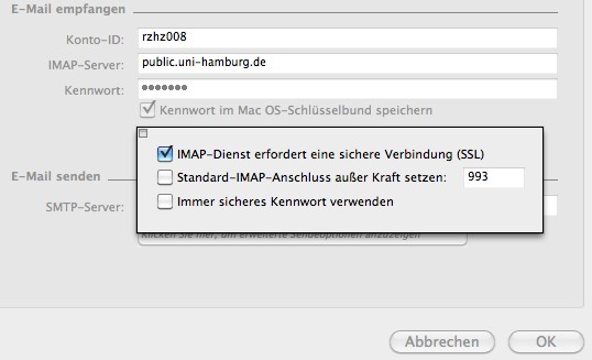 IMAP-Dienst erfordert eine sichere Verbindung (SSL), anschließend sollte dort ein Häkchen gesetzt sein.