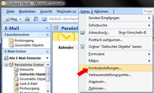 12. Ein bestehendes Bitskin-Konto aktualisieren 12.1. Nachdem Sie Outlook 2007 geöffnet haben, gehen sie auf Extras und danach im Drop-Down-Menü auf Kontoeinstellungen.... 12.2. Jetzt sehen Sie eine Auflistung Ihrer bisherigen Email-Konten.