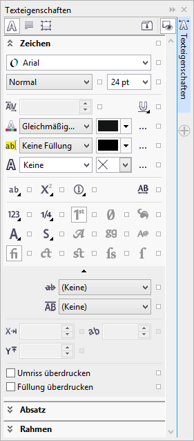 Textbearbeitung in CorelDRAW Seite 9 von 58 erhalten nun das Andockfenster Texteigenschaften mit den drei Kategorien Zeichen, Absatz und Rahmen.