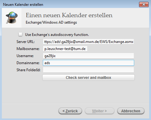 Folgende Exchange/Windows AD settings festlegen. Für Kalender aus einem persönlichen Postfach. Server-URL https://ads\<ihre_tum_kennung>@xmail.mwn.de/ews/exchange.