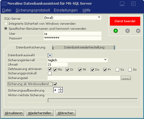 Sicherung als Windowsdienst: Wird täglich oder stündlich gesichert, so kann der NOVALINE-SQLTool Dienst benutzt werden.