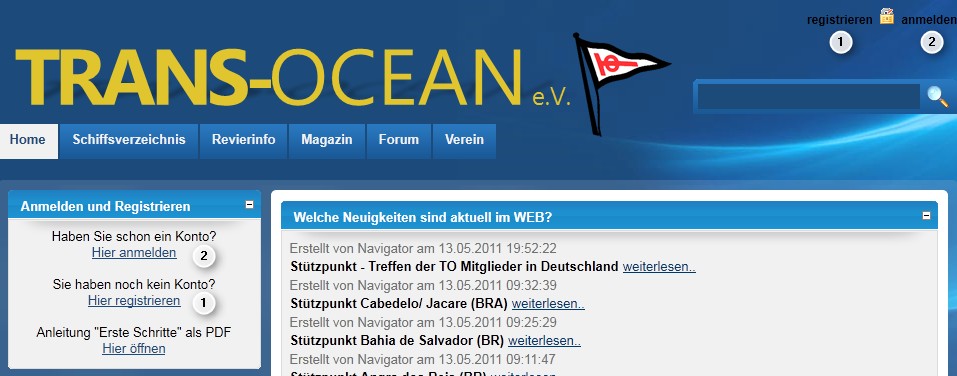 Registrierung Rufen Sie die neue Website mit der URL www.trans-ocean.org auf.