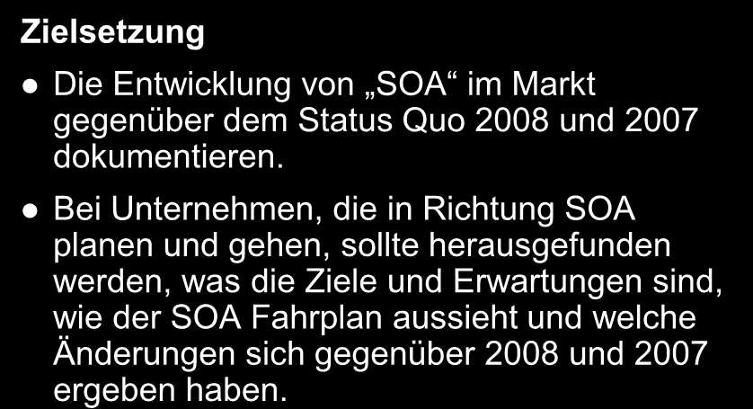 SOA Check 2009 Zielsetzung Die Entwicklung von SOA im Markt gegenüber dem Status Quo 2008 und 2007 dokumentieren.