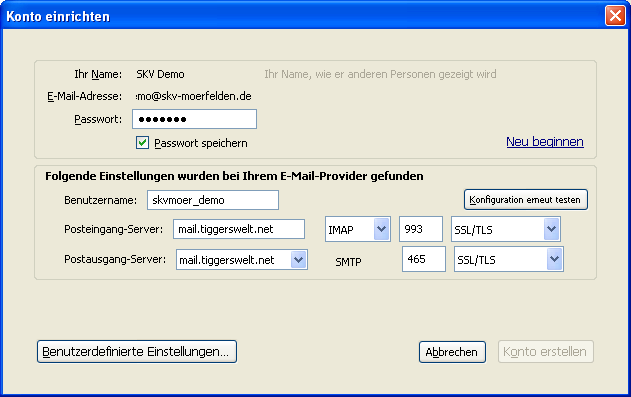 Nun sind die folgenden Einstellung vorzunehmen: Benutzername: Posteingang-Server: Der zugewiesene Benutzername (Beginnt immer mit skvmoer_ ) Den Port auf 933 ändern, das letzte Auswahlmenü auf