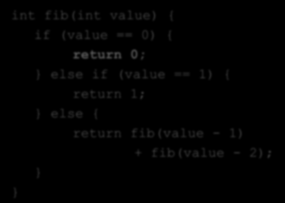 Implementierung von Funktionsaufrufen value := 3 Implementierungsdetails value := 2 Implementierungsdetails value := 0 int fib(int value) { if (value
